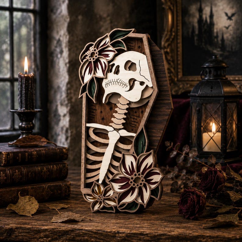 May include: A multi-layered wooden wall art piece shaped like a coffin, featuring a central skull and ribcage design pierced by a dagger. The artwork is decorated with layered floral motifs in shades of cream, dark red, and green wood.