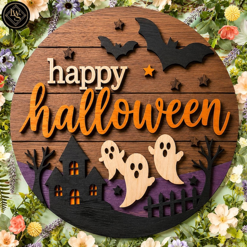 Happy Halloween Door Hanger SVG | Layered Round Halloween Sign | Haunted House Ghost Door Decor | Glowforge xTool Cricut