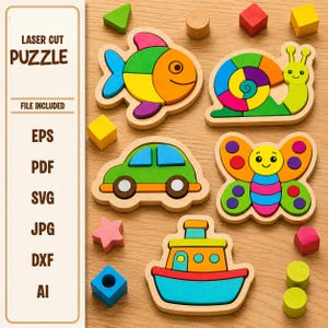 Puede incluir: Un conjunto de rompecabezas cortados con láser que incluye formas de madera de un pez, un caracol, un coche, una mariposa y un barco, pintados en colores vivos. Un panel vertical muestra el texto LASER CUT PUZZLE FILE INCLUDED EPS PDF SVG JPG DXF AI.