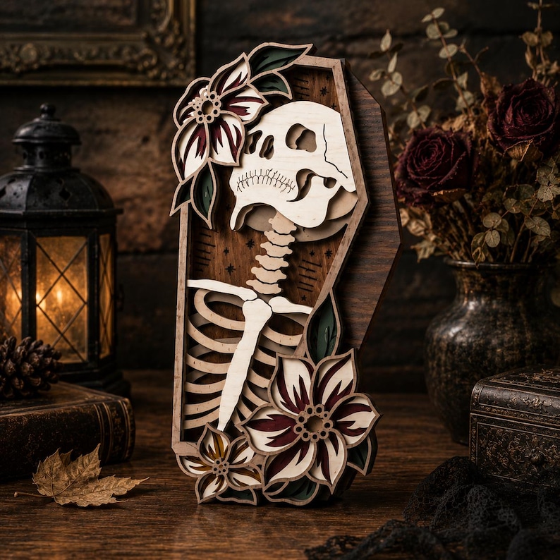 May include: A multi-layered wooden wall art piece shaped like a coffin, featuring a light-colored skeleton torso and skull surrounded by dark-toned floral accents. The design includes intricate cutouts of flowers and leaves with deep red and green details.