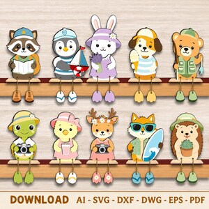 Pode incluir: Uma coleção digital de dez figuras de animais de desenho animado, incluindo um guaxinim, pinguim, coelho, cão, urso, tartaruga, pintinho, veado, raposa e ouriço com vários acessórios. O texto diz: DOWNLOAD AI - SVG - DXF - DWG - EPS - PDF.