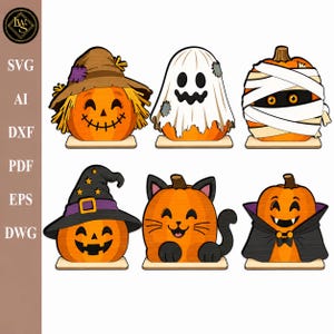 Puede incluir: Un conjunto de seis decoraciones de calabazas de Halloween sobre bases de madera clara. Los diseños incluyen un espantapájaros, un fantasma, una momia, una bruja, un gato negro y un vampiro. El texto SVG, AI, DXF, PDF, EPS y DWG es visible.
