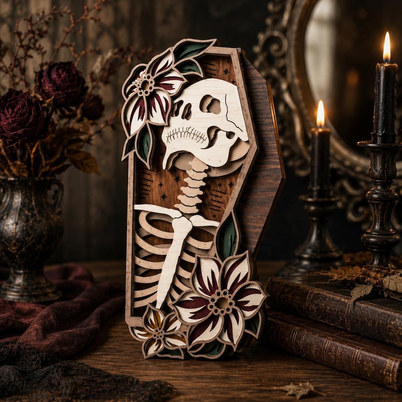 May include: A multi-layered wooden wall art piece shaped like a coffin, featuring a light-colored skull and rib cage skeleton design. The artwork is decorated with dark red and green floral accents and small star engravings on a dark wood background.