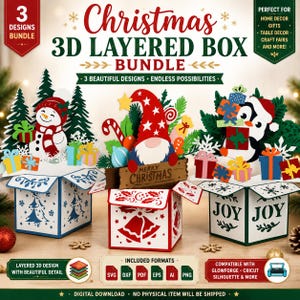 Weihnachts-Pop-up-Box-Set: 3D-Pop-up-Geschenkbox (SVG, 3 Designs) | Vorlage für mehrlagige Pop-up-Box-Karten | Cricut-Papierbastelvorlage