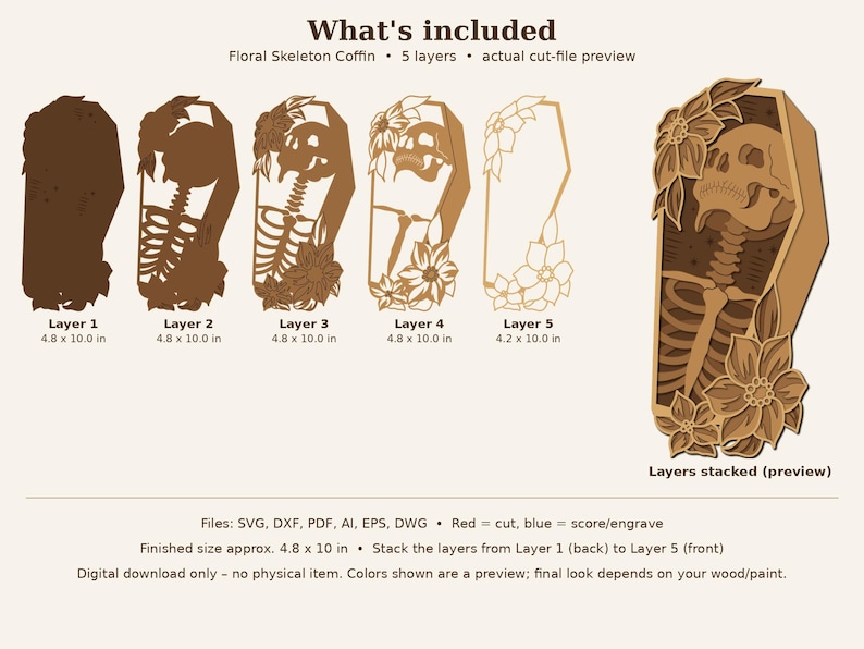 May include: A digital cut-file set titled Floral Skeleton Coffin, featuring five distinct layers that stack to create a 3D design. The layers show a skeleton inside a coffin adorned with flowers, measuring 4.8 by 10.0 inches.