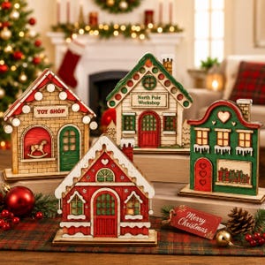 May include: Four decorative wooden Christmas houses featuring illuminated windows and festive details. One house is labeled Toy Shop, another North Pole Workshop, and a red tag reads Merry Christmas. The structures are painted in red, green, and white.