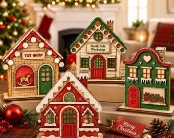 Christmas Village Houses SVG Bundle | 4 Laser Cut Christmas Houses | North Pole Workshop Toy Shop Shelf Sitter Decor