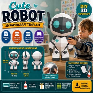 May include: A 3D papercraft robot template featuring a white and black geometric design with teal accents. The finished model stands 400 mm tall, 300 mm wide, and 200 mm deep. Includes PDF, SVG, and DXF files for assembly.