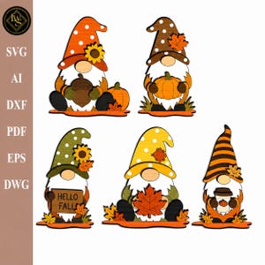 Può includere: Cinque statuette decorative di gnomi a tema autunnale, con zucche, girasoli, foglie d'acero e un cartello con la scritta HELLO FALL. Ogni gnomo indossa un cappello a motivi nei colori arancione, marrone, verde, giallo o a righe nere e arancioni.