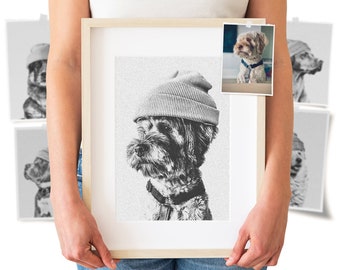 Aangepaste huisdierportret - 'Pooch In a Toque' - Hond in stijlvolle muts - Gegraveerd zwart en grijs - Digitaal cadeau