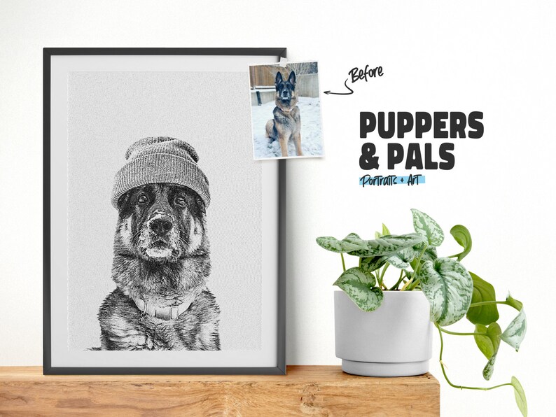 Custom Pet Portrait 'Pooch In a Toque' Dog in Stylish Beanie Engraved Black & Gray Digital Gift image 2