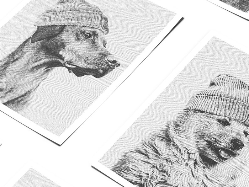 Portrait danimal de compagnie personnalisé 'Pooch In a Toque' Chien en bonnet élégant Gravé noir et gris Cadeau numérique image 3
