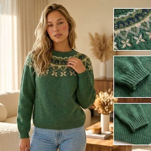 May include: A long-sleeved green sweater featuring a round neckline and a decorative yoke pattern in shades of cream, dark green, and light green. The garment has ribbed cuffs and a ribbed hem, with a detailed view of the knit texture.