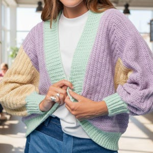 Crochet Cardigan Pattern, Color Block Sweater Crochet Pattern PDF, Pastel Slouchy Shrug, Chunky Oversized Jacket, Easy Pastel Bomber DIY