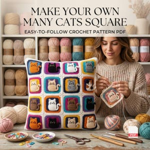 Puede incluir: Un patrón de ganchillo en PDF titulado MAKE YOUR OWN MANY CATS SQUARE. La imagen muestra un cojín cuadrado con dieciséis cuadrados de ganchillo coloridos, cada uno con un gato diferente, y un ganchillo trabajando en un cuadrado a juego.