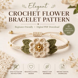 Schema per braccialetto all'uncinetto con fiori / Elegante braccialetto con margherite - Tutorial PDF, Gioielli floreali delicati fai da te, Progetto di accessorio con perline per principianti