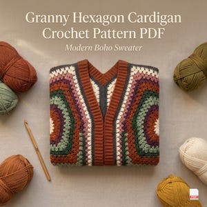May include: A crochet cardigan featuring a granny hexagon pattern in rust, olive green, cream, and dark purple yarn. The garment has a ribbed collar and is surrounded by several balls of yarn and a wooden crochet hook. Text reads: Granny Hexagon Cardigan Crochet Pattern PDF Modern Boho Sweater.