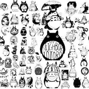 May include: A collection of black and white stickers featuring various illustrations of the character Totoro from My Neighbor Totoro, including scenes with umbrellas, plants, and food, with the text My Neighbor Totoro and Japanese characters.