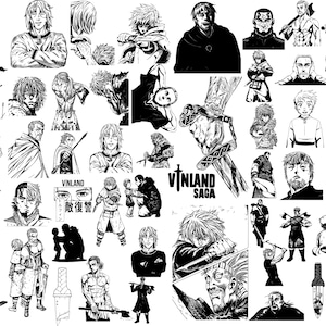 Könnte beinhalten: Eine Sammlung von schwarz-weißen Illustrationen im Manga-Stil, die verschiedene Charaktere und Szenen aus Vinland Saga zeigen, einschließlich Darstellungen von Kriegern, Waffen und dem Text Vinland Saga mit japanischen Schriftzeichen.