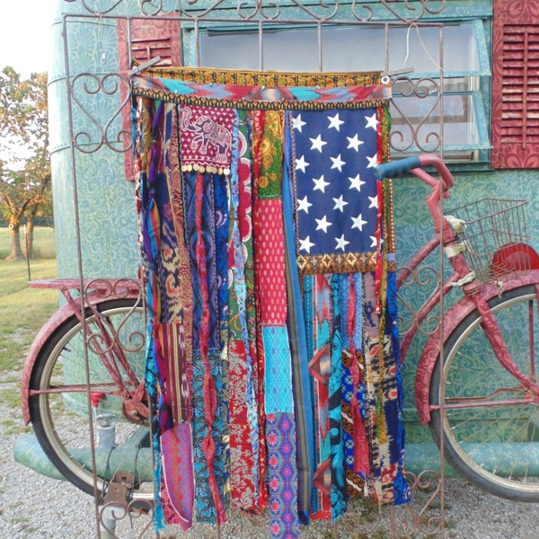 Bohemian Gypsy American Flag door bell/wall tapestry/ Elephant/ bells/ coins/ beads