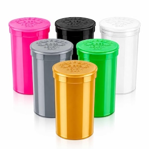 May include: A selection of brightly coloured, cylindrical plastic containers with matching lids. The containers are in various colours, including pink, black, white, grey, green, and gold. The lids have the text "SQUEEZE BELOW CAP" embossed on them.