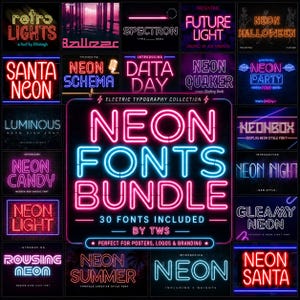 Op de afbeelding: Een digitale collectie van 30 neon-stijl lettertypes genaamd Neon Fonts Bundle by TWS, weergegeven als een raster van gloeiende tekstvoorbeelden in diverse kleuren waaronder roze, blauw en rood tegen een zwarte achtergrond met elektrische typografie.