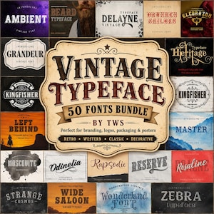 May include: A digital graphic display featuring a central beige label with the text VINTAGE TYPEFACE 50 FONTS BUNDLE BY TWS, surrounded by a grid of twenty individual font style samples including names like Ambient, Grandeur, and Kingfisher.