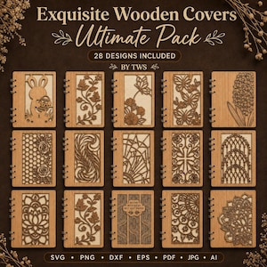 May include: A digital collection titled Exquisite Wooden Covers Ultimate Pack by TWS featuring 28 designs. The image displays 15 rectangular wooden notebook covers with intricate laser-cut patterns including floral, butterfly, and geometric motifs.