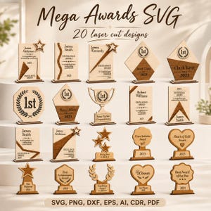 May include: A collection of 20 laser-cut wooden award designs labeled Mega Awards SVG. The set includes various shapes like rectangles, diamonds, hearts, and stars, featuring engraved text such as 1st, Excellence Award, and 2025, with contrasting light and dark wood tones.
