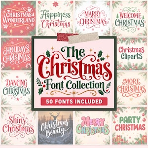 Könnte beinhalten: Eine digitale Grafikdarstellung der The Christmas Font Collection mit 50 enthaltenen Schriftarten. Das zentrale Quadrat zeigt roten und grünen Text auf hellrosa Hintergrund, umgeben von verschiedenen weihnachtlichen Typografiebeispielen.