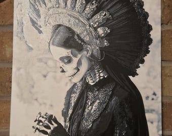 La Catrina Muurdecoratie 12x12 - Gotische Suikerschedel Decoratie, Dag van de Doden Portret, Mexicaanse Volkskunst, Dia de los Muertos, Dag van de Doden