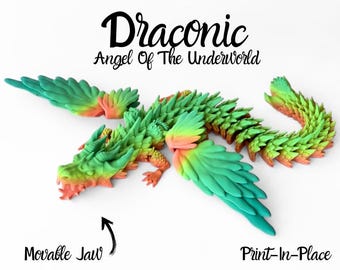 3D Printed Flexi Draconic Dragon, Fidget Toy, Movable Wings, Mouth Opens, Rainbow Gradient Colors