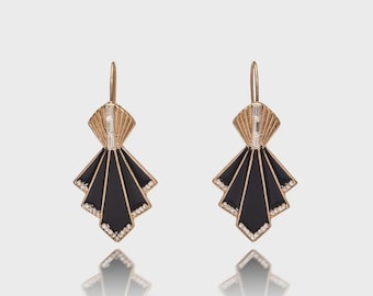 Art Deco Black And Gold Fan 1920s Earrings