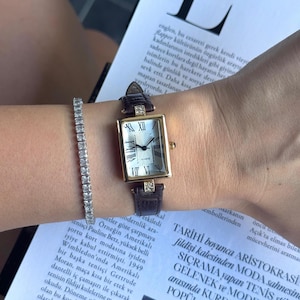 Gold Rectangular Watch: Roman Numeral Dial, Leather Strap Accessory, gift for her