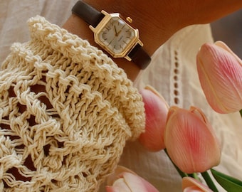 Vintage Square Watch for Women, Minimalist Leather Strap, Small Gold Dial, Gift for Her