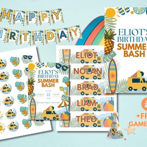 Pacchetto completo digitale per festa di compleanno a tema surf, modello modificabile per festa in piscina per ragazzi, invito estivo a tema tavola da surf, striscione, decorazioni per torte, etichette per bicchieri, giochi.