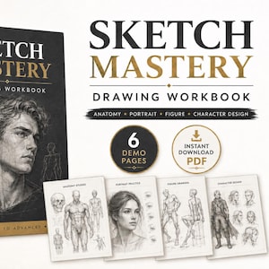 Puede incluir: Un libro de tapa dura negro titulado Sketch Mastery Drawing Workbook con letras doradas, que presenta un retrato al estilo carboncillo y bocetos de figuras completas. Incluye cuatro páginas instructivas más pequeñas sobre anatomía, retrato, figura y diseño.