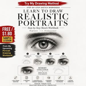 May include: A step-by-step sketch workbook titled Learn to Draw Realistic Portraits. The cover features a detailed graphite drawing of an eye, a four-stage progression from construction outline to finished eye, and a memory challenge section.