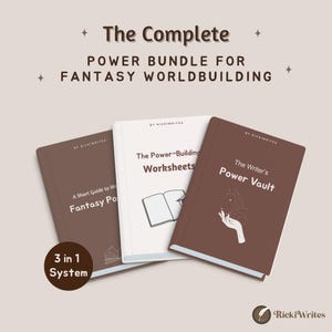 Könnte beinhalten: Ein komplettes Power-Bundle für Fantasy-Worldbuilding. Das Bild zeigt drei Bücher: "A Short Guide to Fantasy Power", "The Power-Building Worksheets" und "The Writer's Power Vault". Die Bücher sind braun und weiß mit Text und Illustrationen.