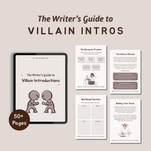 Op de afbeelding: Een digitale gids getiteld The Writer's Guide to Villain Intros, met een tablet die de omslag toont met twee cartoonfiguren die tegenover elkaar staan, naast vier interne pagina's over onderwerpen zoals The Dramatic Promise.