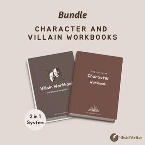 Può includere: Un pacchetto di due quaderni di esercizi intitolati Character and Villain Workbooks. Il Villain Workbook marrone scuro presenta maschere teatrali, mentre il marrone Ultimate Character Workbook mostra l'icona di un libro aperto.