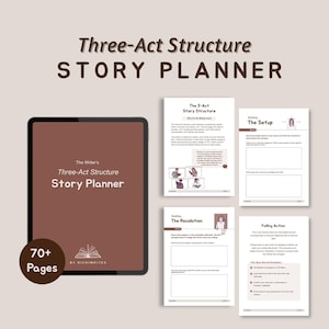 Könnte beinhalten: Ein digitaler Story-Planer mit dem Titel Three-Act Structure Story Planner von RickiWrites, mit einem dunkelbraunen Einband mit 70+ Seiten, dargestellt neben vier Innenseiten, die die Abschnitte Setup, Resolution und Falling Action beschreiben.