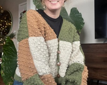 Claudia Cardigan Crochet Pattern PDF, Oversized Granny Square Cardigan, Color Block Crochet Sweater, Boho Patchwork Jacket DIY Download