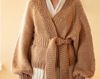 Helli Cardigan Knitting Pattern PDF, Belted Oversized Knit Cardigan, Cozy Open Front Sweater Coat, Scandinavian Style Knitwear DIY Download