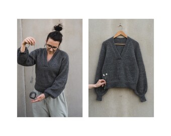Mohair Weekend Sweater Knitting Pattern PDF, Oversized V Neck Knit Pullover, Top Down Raglan Sweater, Fluffy Mohair Jumper DIY Download