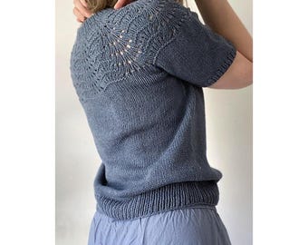 Peacock Tee Knitting Pattern PDF, Lace Yoke Summer Sweater Pattern, Top Down Seamless Knit Tee, Lightweight Linen Cotton Pullover Download