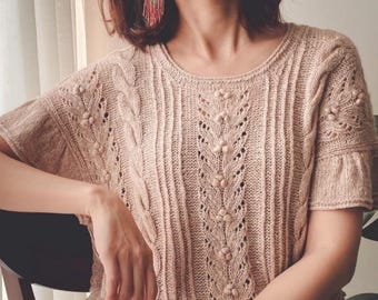 Cable Lace Pullover Knitting Pattern PDF, Seamless Top Down Sweater Pattern, Textured Knit Jumper with Cables and Lace, Women's Knitwear