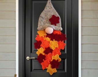 leaf Gnome Wall Hanging Crochet Pattern PDF, Autumn Gnome Wreath Decor, Fall Leaf Door Hanger, Scandinavian Harvest Decoration DIY Download