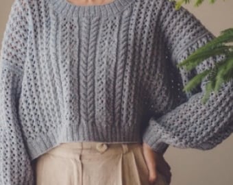 Hailey Sweater Knitting Pattern PDF, Lace Raglan Pullover Pattern, Top Down Seamless Knit Sweater, Feminine Cable Yoke Jumper DIY Download
