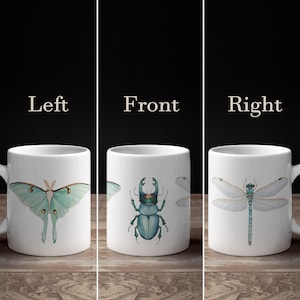 May include: White ceramic mug featuring insect illustrations. The left side displays a moth with teal wings, the front shows a beetle, and the right side features a dragonfly. The mug has a curved handle and a glossy finish.